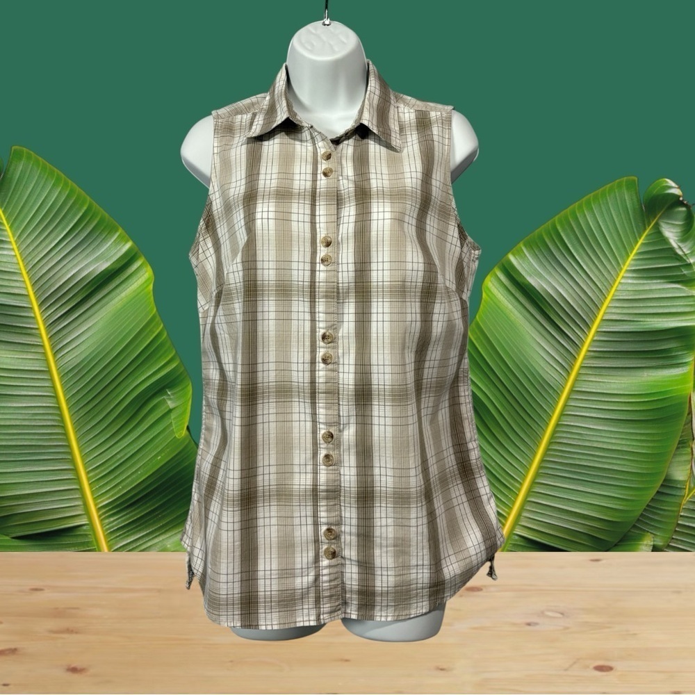 NEW, Columbia Sportswear, Sleeveless Button-Down Plaid Shirt, Size M, Beige